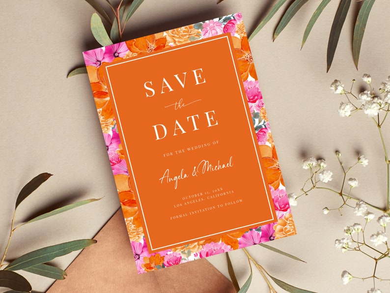 Pink Orange Wedding Save the Date Blooming Summer Garden Watercolor Floral Save the Date Invite Editable Printable Digital Template image 2