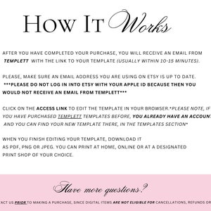 K&ouml;nnte beinhalten: Eine wei&szlig;-rosa Grafik mit dem Text "How It Works" in eleganter Schrift. Das Bild zeigt die Schritte zur Verwendung einer Vorlage, einschlie&szlig;lich des Empfangs einer E-Mail, der Aktualisierung der Etsy-E-Mail-Adresse, des Zugriffs auf den Link und des Herunterladens der Vorlage.