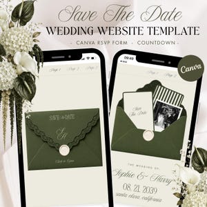 May include: A digital wedding website template displayed on two smartphone screens. The design features a dark olive green envelope with a scalloped edge, a wax seal, and the text Save The Date, Wedding Website Template, Canva RSVP Form, Countdown.