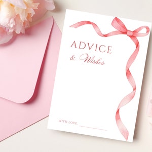 Pink Ribbon Bow Ratschläge und Wünsche Brautdusche Karte - Digitale rosa Ratschläge und Wünsche Einschließungskarte - Bearbeitbare Brautdusche Kartenvorlage