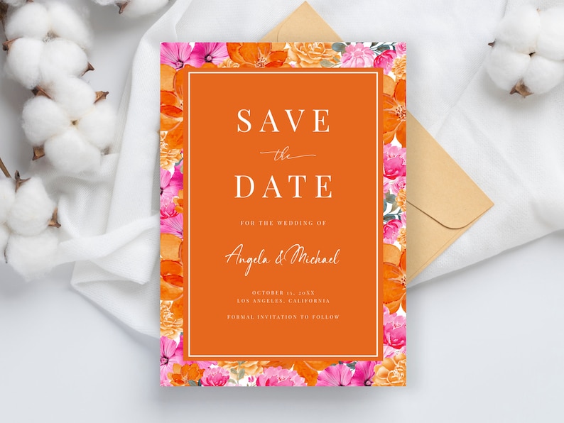 Pink Orange Wedding Save the Date Blooming Summer Garden Watercolor Floral Save the Date Invite Editable Printable Digital Template image 4