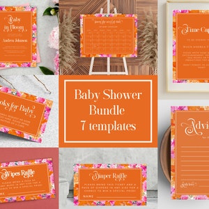 Edytowalny różowo-pomarańczowy zestaw na baby shower – kwiatowe karty na baby shower, zaproszenia, znaki, szablony – zestaw na baby shower, natychmiastowe pobranie, zrób to sam