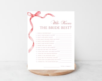 Pink Ribbon Bow Who Knows the Bride Best Game - Digital Who Knows The Bride Bridal Shower Game - DIY Bridal Shower Game, EDITABLE PRINTABLE