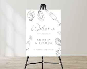 Digital Champagne Oysters Wedding Welcome Sign - DIY Hand Drawn Oysters Wedding Sign - White 18x24 Wedding Sign Template, EDITABLE PRINTABLE