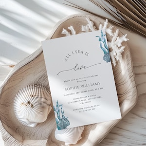 Seashell & Seaweed Bridal Shower Invitation, Editable Nautical Coastal Bridal Template, Beach Bridal Shower Invite, All I Sea Is Love Design