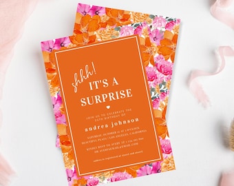 Floral Surprise Birthday Invitation | Pink & Orange Garden Template (Digital Download)