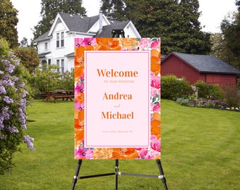 DIY Floral Wedding Welcome Sign - Light Faded Pink Orange Wedding Sign - Summer Garden Wedding Sign Template, Editable Printable