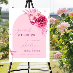Petals & Prosecco Bridal Shower Welcome Sign - Boho Pink Floral Cocktail Bridal Shower Sign Template - Editable Printable Instant Download