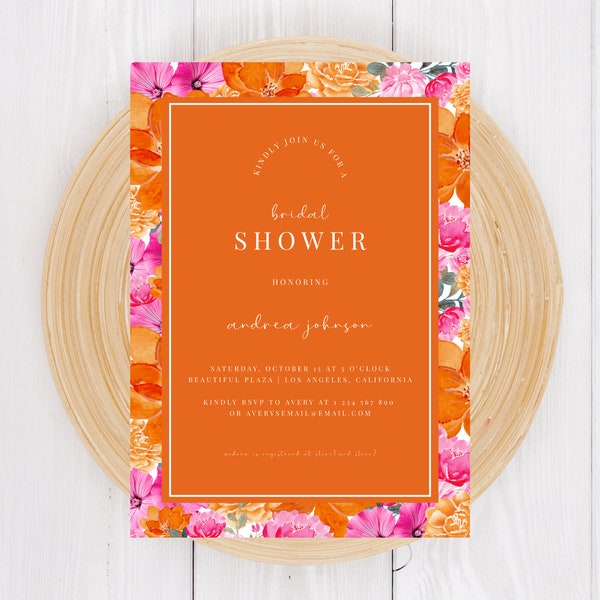 Pink and Orange Bridal Invitation, Bright Colorful Bridal Shower, Floral Bloom Bridal Shower Invite, Summer Bridal Shower Invite Template