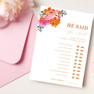 Pink Orange He Said She Said Bridal Shower Game - DIY Floral Bride Groom Game - Digital Guess Who Said It Bridal Shower, Editable Printable