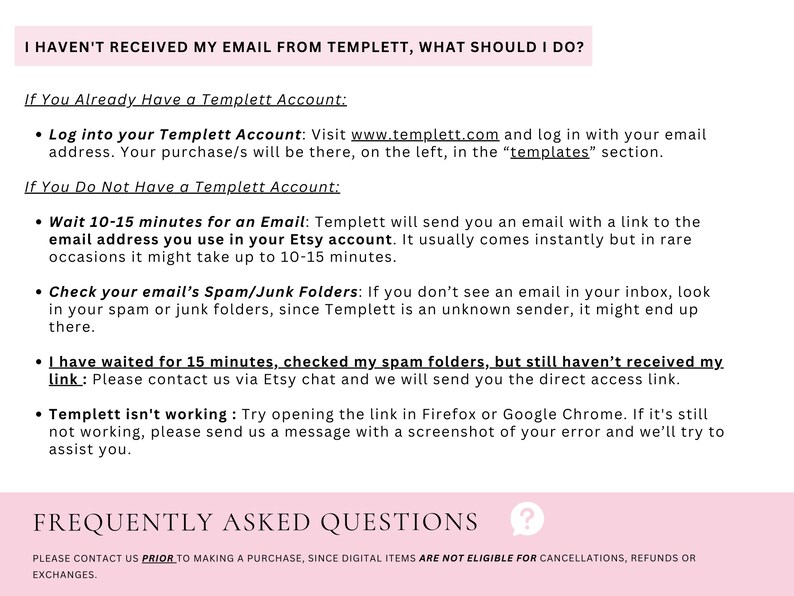 K&ouml;nnte beinhalten: Eine wei&szlig;e Grafik mit dem Text "I HAVEN'T RECEIVED MY EMAIL FROM TEMPLETT, WHAT SHOULD I DO?" und einer Liste von Fehlerbehebungsschritten. Der untere Teil der Grafik lautet "FREQUENTLY ASKED QUESTIONS?"