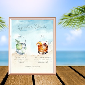 Ocean Beach Bar Signature Drinks Menu - Digital Ocean Beach Wedding Sign - Bar Menu Wedding Sign Template - DIY Signature Drinks Sign