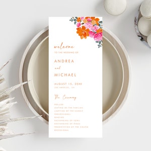 Programa de boda digital en tonos rosa y naranja: plantilla DIY con flores de verano vibrantes y flores de verano. Tarjeta de programa de boda editable e imprimible.