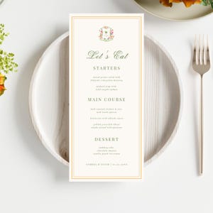 Modello di menu per matrimonio con palma Crest, menu "Let's Eat" con monogramma tropicale, modello modificabile Templett stampabile, menu per cena in spiaggia