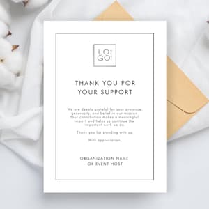 de remerciements minimaliste pour collecteur de fonds | Note de gratitude modifiable pour le gala de bienfaisance | Modèle de remerciement pour un don blanc | Téléchargement