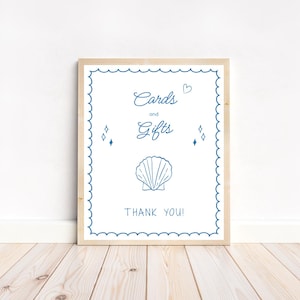 Letrero con tarjetas y regalos para baby shower "Sea You Soon" - Tema marino costero - Conchas dibujadas a mano - Póster náutico para baby shower de 8 x 10 pulgadas, colores editables