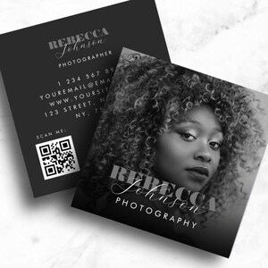 Aangepaste foto QR-code fotografie vierkant visitekaartje - voorkant achterkant fotograaf sjabloon visitekaartje, bewerkbare afdrukbare Instant Download