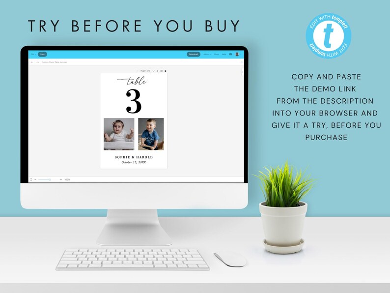 K&ouml;nnte beinhalten: Ein Computermonitor zeigt eine Hochzeitstisch-Nummernkarte mit der Nummer 3, zwei Fotos und Namen. Der Text "TRY BEFORE YOU BUY" steht oben. Der Text "COPY AND PASTE THE DEMO LINK" steht rechts. Eine kleine Topfpflanze steht auf dem Schreibtisch.