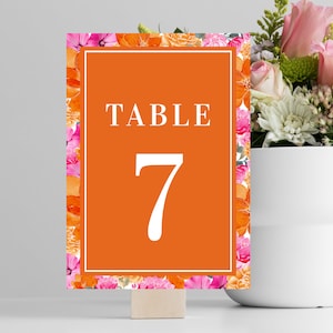 Numéro de table numérique rose orange - carte de numéro de table florale bricolage - modèle de numéro de table de mariage fleuri jardin d'été, modifiable imprimable