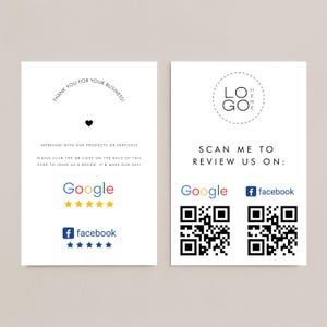 Google Facebook Reviews Business Card - White Custom Business Logo Business Card Template - QR Code Template, Double Sided Card