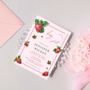 Love is Berry Sweet Pink Strawberry Bridal Shower Invitation - DIY Spring Summer Bridal Shower Invite, Editable Printable Digital Download