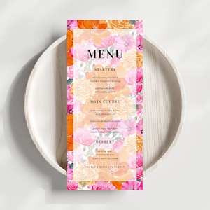 DIY licht vervaagd roze oranje trouwmenu - digitale frisse heldere tuinmenukaart - menusjabloon roze bloemen bloei, bewerkbare afdrukbare