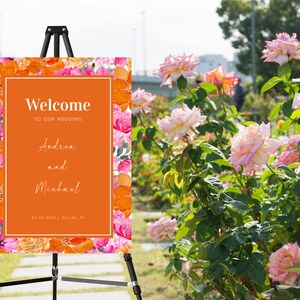 Cartello di benvenuto per matrimonio fai da te rosa-arancio - Cartello di benvenuto digitale per giardino estivo vibrante - Modello di cartello per matrimonio floreale colorato e stampabile modificabile