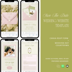 May include: A digital wedding website template displayed on four smartphone screens, featuring a pink envelope, a photo of a couple, a countdown timer, and an RSVP form. The text includes Save The Date, Wedding Website Template, and Kindly RSVP.