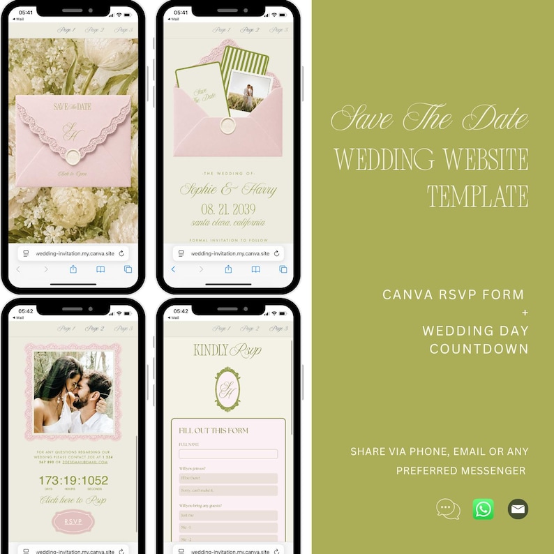 May include: A digital wedding website template displayed on four smartphone screens, featuring a pink envelope, a photo of a couple, a countdown timer, and an RSVP form. The text includes Save The Date, Wedding Website Template, and Kindly RSVP.