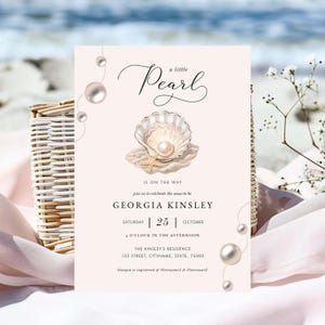 Invito per baby shower Little Pearl Ocean – Tema spiaggia conchiglia, festa per bambine sulla costa, stampabile digitale, download immediato personalizzabile