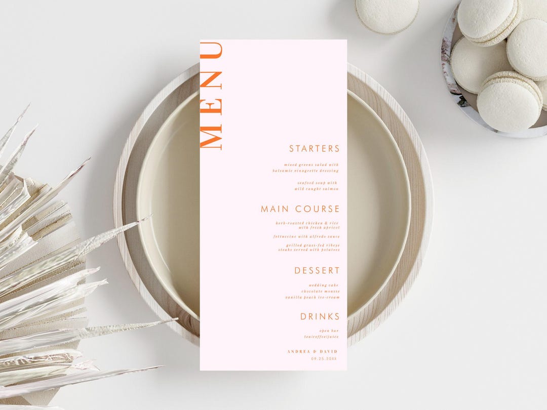 Peach Apricot Wedding Menu Template: Editable Orange Crush Design ...