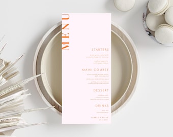 Plantilla de menú de boda color melocotón y albaricoque: Diseño editable con naranja (descarga digital)