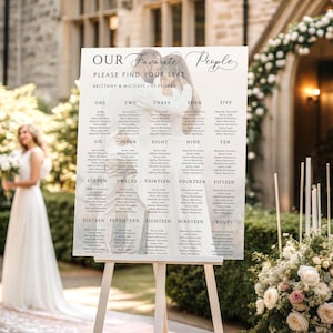May include: A wedding seating chart on an easel. The sign reads "OUR Favorite People, PLEASE FIND YOUR SEAT, BRITTANY & MICHAEL 05.05.20XX." The chart is divided into twenty sections, each with a number and names. A bride in a white dress is visible in the background.