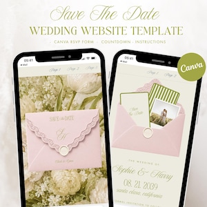 May include: A digital wedding website template displayed on two smartphones, featuring a pink envelope with a lace-trimmed flap and wax seal. The screen displays the text Save The Date, Wedding Website Template, Canva RSVP Form, Countdown, Instructions, and the names Sophie & Harry with the date 08. 21. 2039.