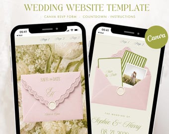 May include: A digital wedding website template displayed on two smartphones, featuring a pink envelope with a lace-trimmed flap and wax seal. The screen displays the text Save The Date, Wedding Website Template, Canva RSVP Form, Countdown, Instructions, and the names Sophie & Harry with the date 08. 21. 2039.