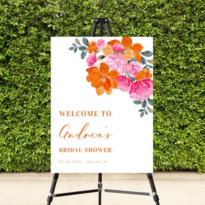 Pink & Orange Summer Floral Bridal Shower Digital Welcome DIY Sign, Garden Vibrant Fresh Bloom Spring Botanical Welcome Sign, Stylish Script