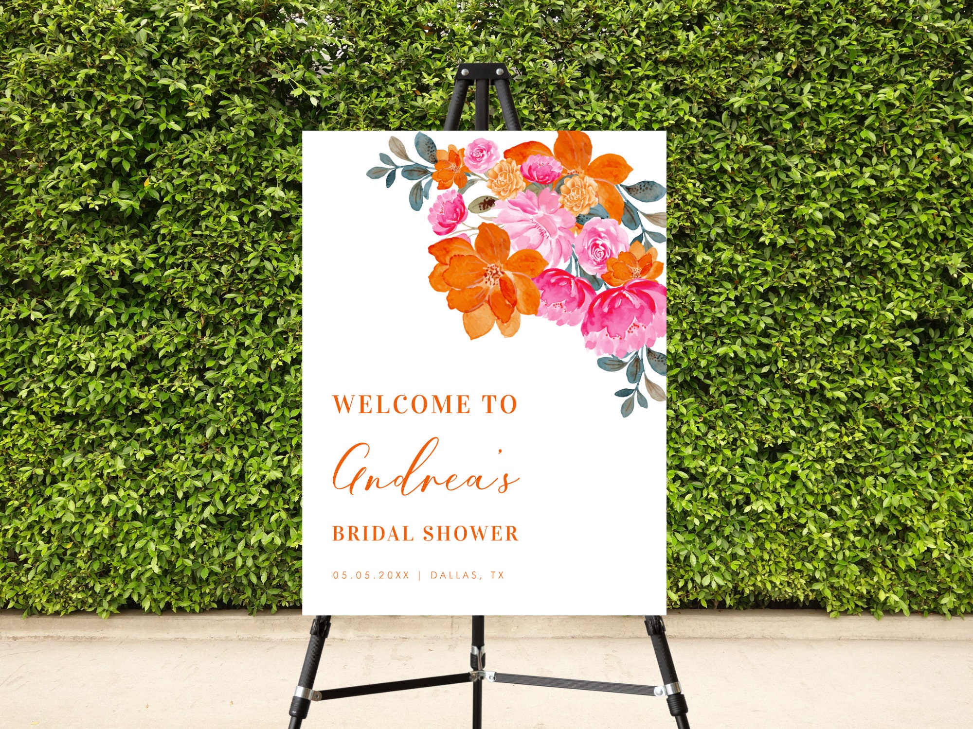 Pink & Orange Summer Floral Bridal Shower Digital Welcome DIY Sign, Garden Vibrant Fresh Bloom Spring Botanical Welcome Sign, Stylish Script