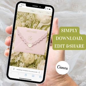 May include: A smartphone screen displaying a digital wedding invitation template featuring a light pink envelope with a scalloped lace edge, gold text reading SAVE THE DATE, and a wax seal. The background shows white flowers and the text SIMPLY DOWNLOAD, EDIT & SHARE.