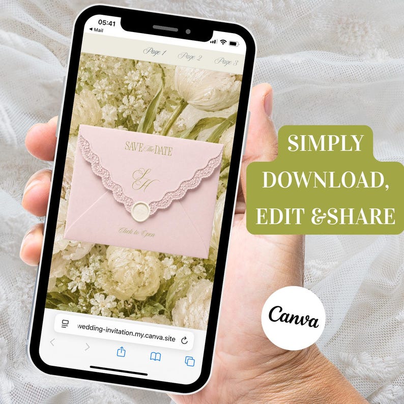 May include: A smartphone screen displaying a digital wedding invitation template featuring a light pink envelope with a scalloped lace edge, gold text reading SAVE THE DATE, and a wax seal. The background shows white flowers and the text SIMPLY DOWNLOAD, EDIT & SHARE.