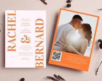 Pink and Orange QR Code Wedding Invitation - DIY Photo Website RSVP Invite - Peach Apricot Wedding Invitation Template, Editable Printable