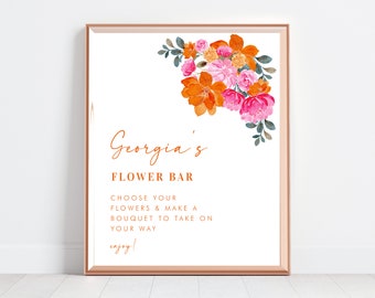 Pink & Orange Bridal Shower Flower Bar Sign - Digital Floral Bridal Shower Sign - Editable Flower Bar Poster - DIY garden sign template