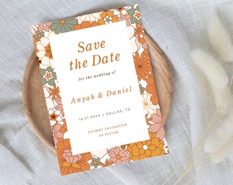 Editable Floral 60s 70s Save the Date Invite - DIY Simple Minimalist Save the Date Invitation - Digital Printable Save The Date Template