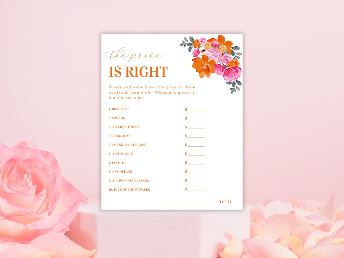 DIY Floral the Price is Right Bridal Shower Game Digital Pink Orange ...
