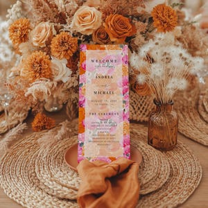 Programa de boda DIY en color rosa anaranjado claro descolorido - Tarjeta digital con programa de jardín brillante - Plantilla de programa de floración floral rosa, editable e imprimible