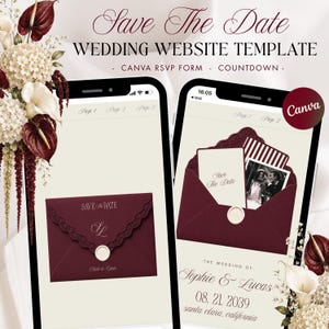 Save-the-Date-Vorlage mit burgunderrotem Spitzenumschlag, animierte Einladung zur Hochzeitswebsite, nachverfolgbare Antwortmöglichkeit, Countdown-Timer, klassisches Design