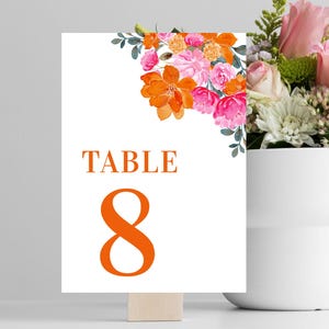 Numéro de Table de mariage rose et orange, numéro de table bricolage floral estival, 8 numéro de Table de mariage modèle numérique, modifiable imprimable