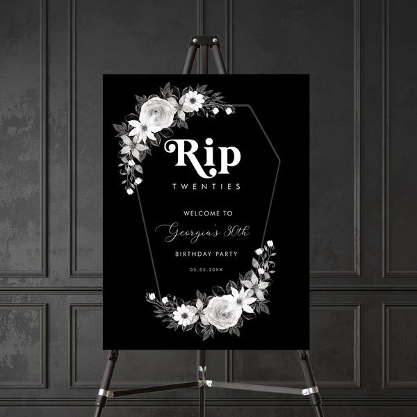 RIP To My Twenties Birthday Party Sign - Funny Black 30th Birthday Sign Template - Digital Death To My 20s Birthday Sign, EDITABLE PRINTABLE