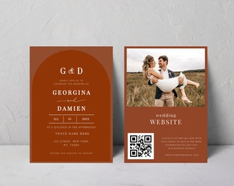 Digital Terracotta Photo QR Code Wedding Invitation - DIY Terracotta Boho Wedding Invite - Editable Printable Wedding Invitation Template