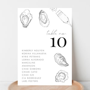 Puede incluir: Una tarjeta de número de mesa en blanco y negro con el número 10, las palabras "table no." y una lista de nombres. La tarjeta está decorada con dibujos de ostras y una copa de champán.