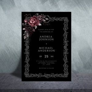 Black Modern Wedding Invitation, Editable Gothic Wedding Invite, Dark Flowers Minimalist Wedding Invitation Template, INSTANT DOWNLOAD
